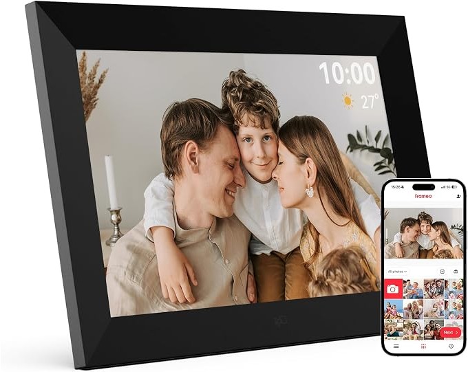 FPD Frameo Digital Photo Frame 10.1 Inch WiFi Photo Frame HD IPS touch screen, clock & weather auto rotate, slideshow, 32GB memory 128GB expansion, calendar sync, remote photo sharing (Black)